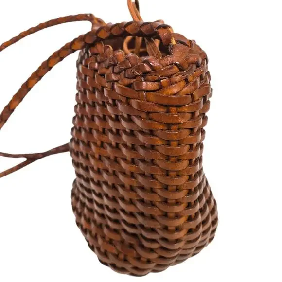 Vintage Ellepi Woven Bucket Bag Brown Leather Crossbody Drawstring Cottagecore - Picture 12 of 16